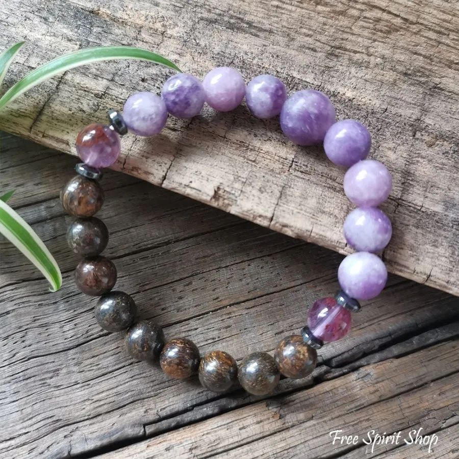 Natural Bronzite & Purple Lepidolite Bead Bracelet