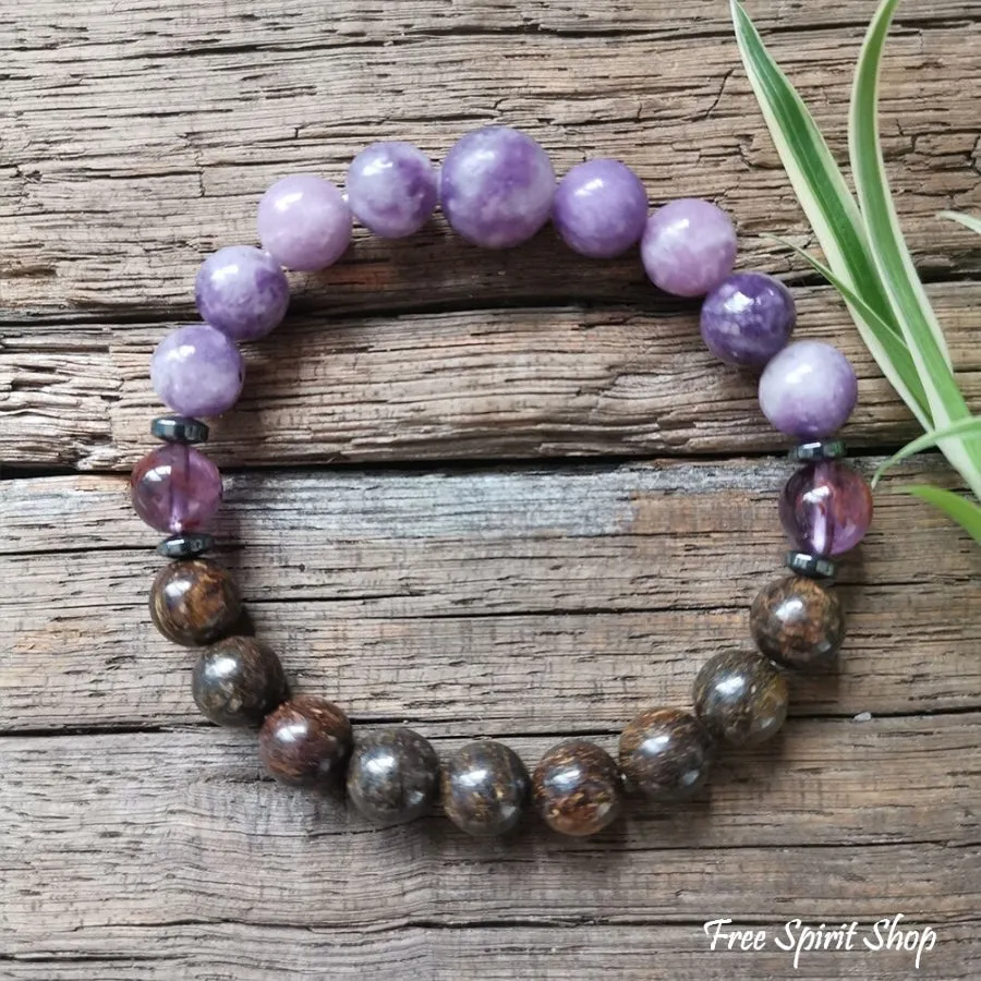 Natural Bronzite & Purple Lepidolite Bead Bracelet