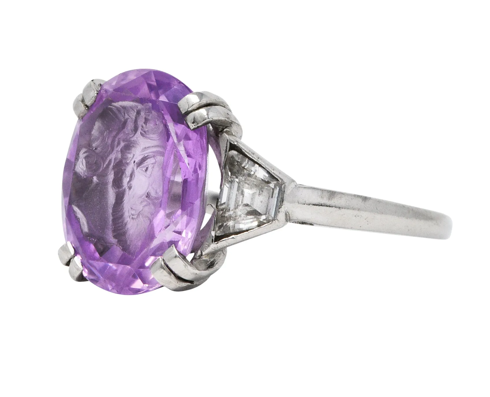 Neoclassical 4.95 CTW Purple Sapphire Diamond Platinum Zeus Intaglio Art Deco Ring