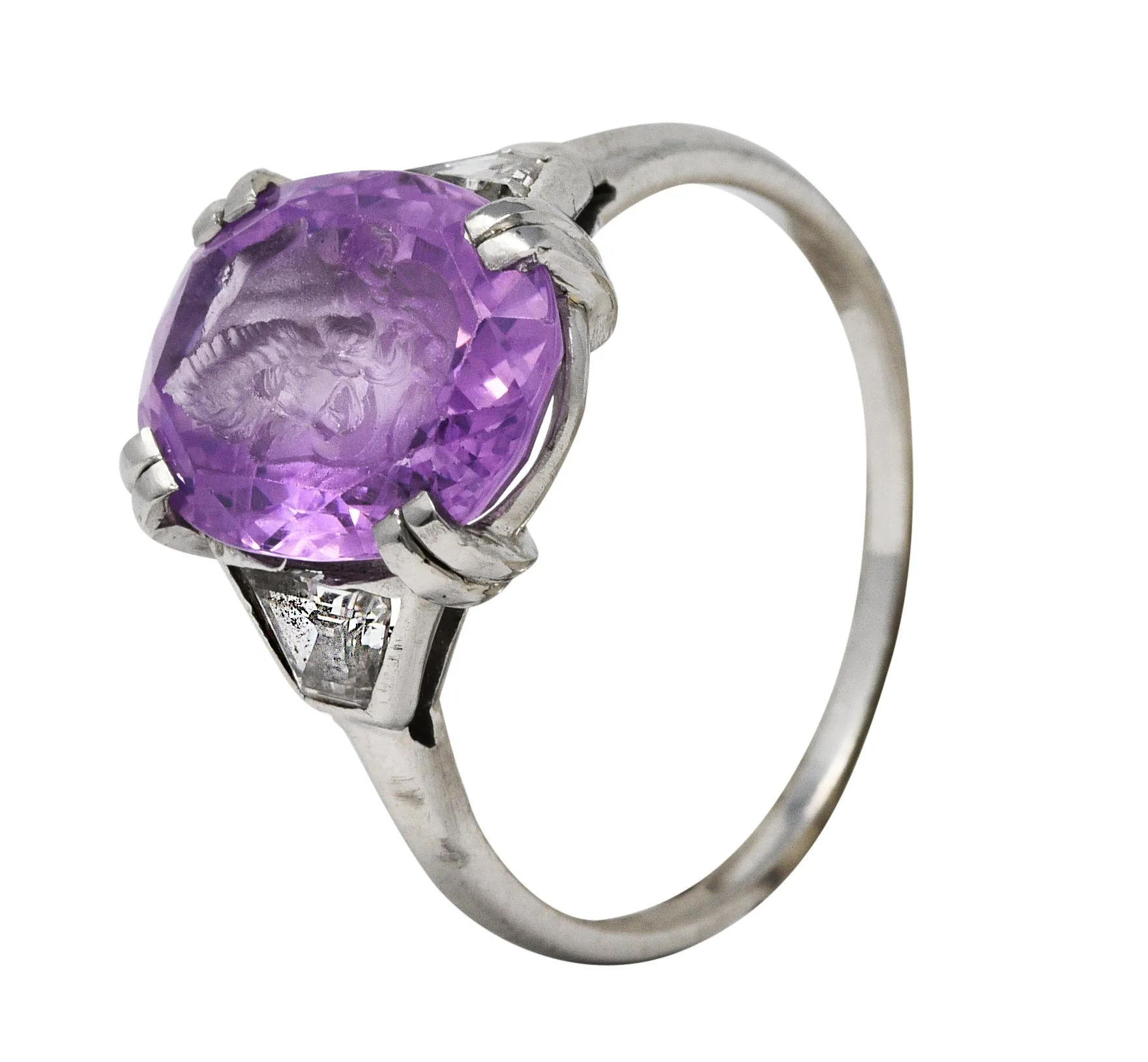 Neoclassical 4.95 CTW Purple Sapphire Diamond Platinum Zeus Intaglio Art Deco Ring