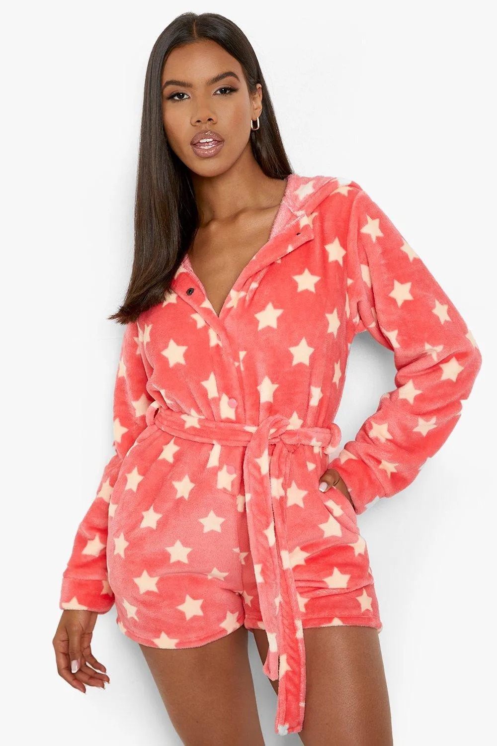 Neon Star Print Fleece Romper