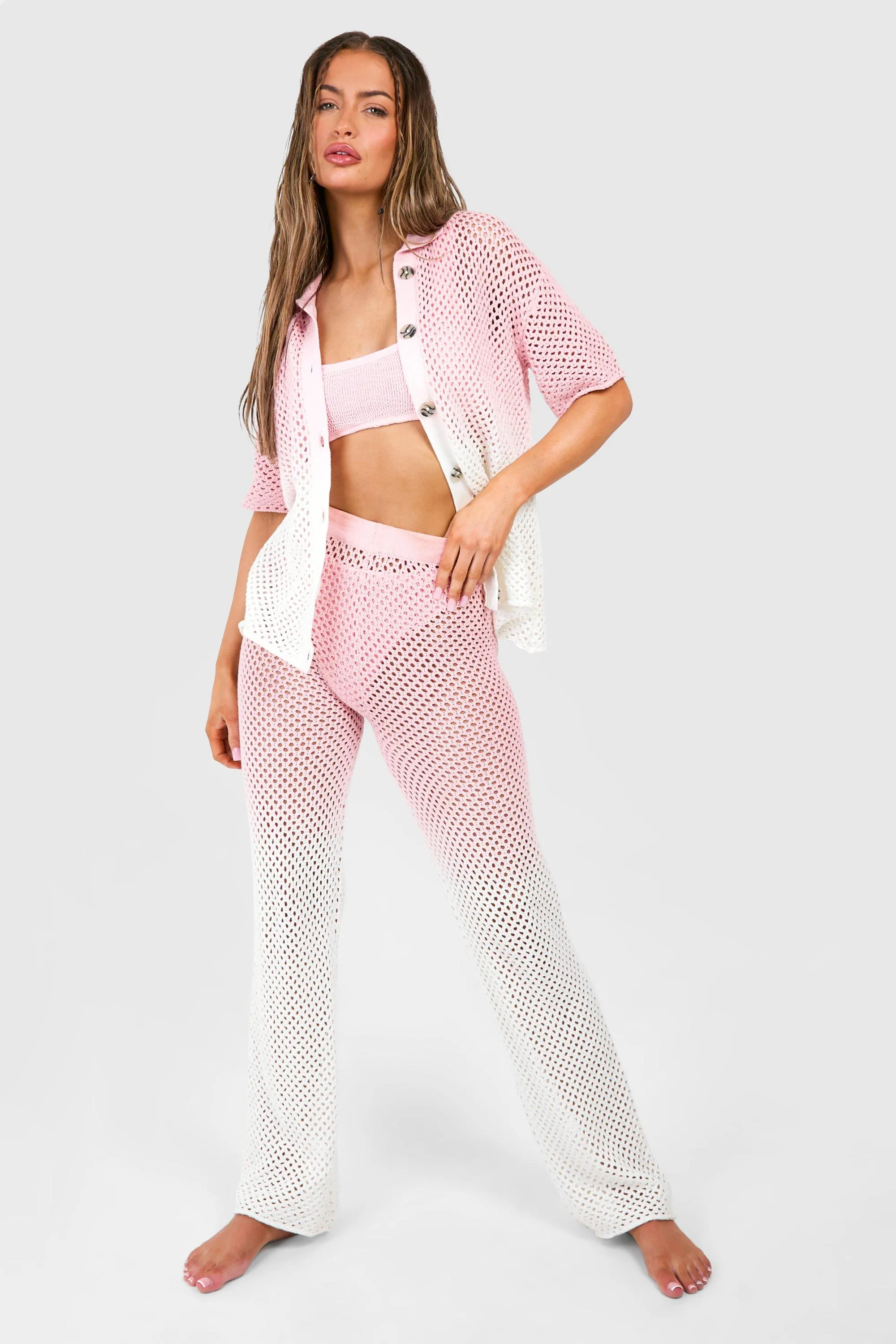 Ombre Crochet Shirt And Wide Leg Pants Knitted Set