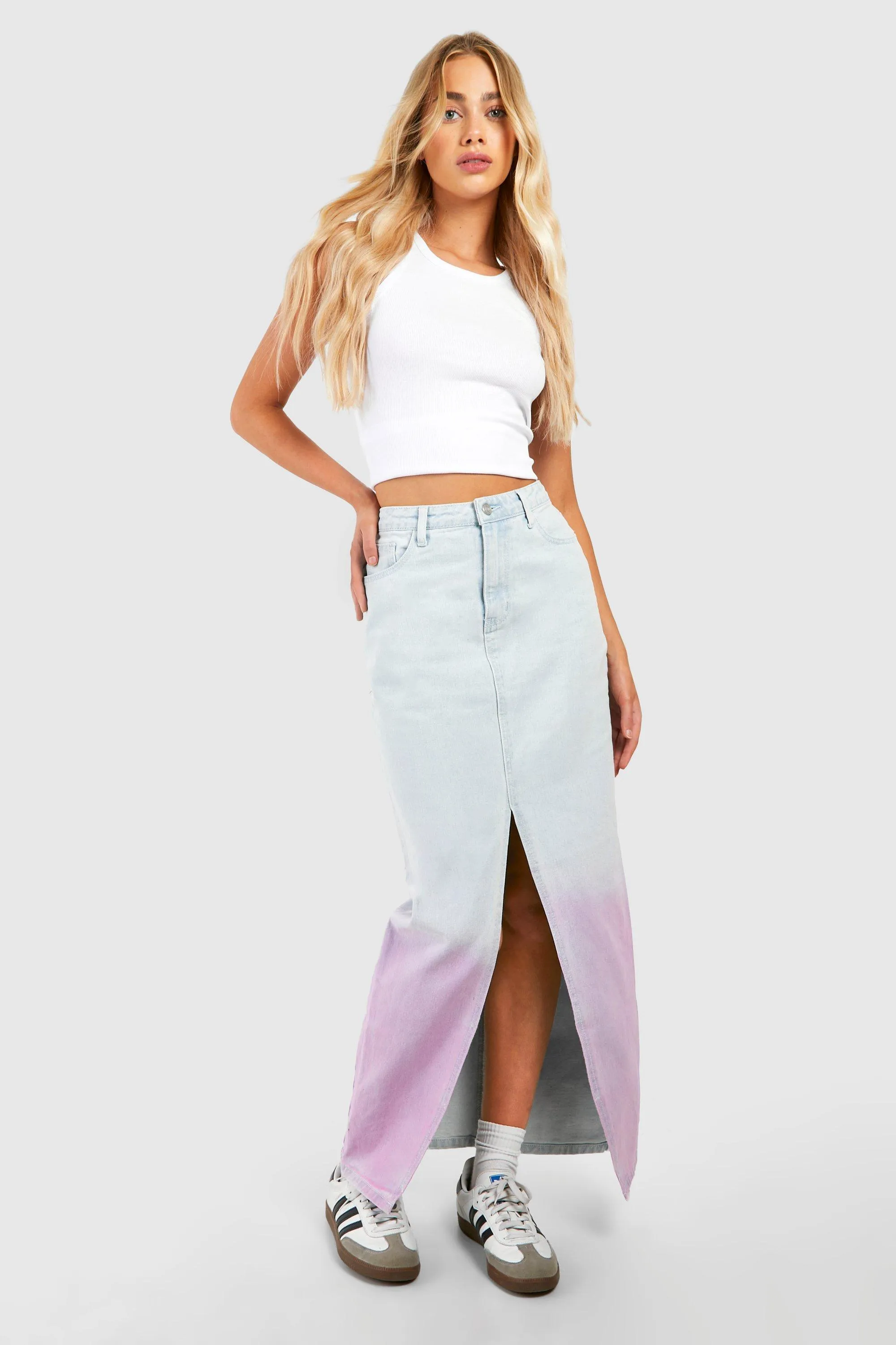 Ombre Split Front Denim Midi Skirt