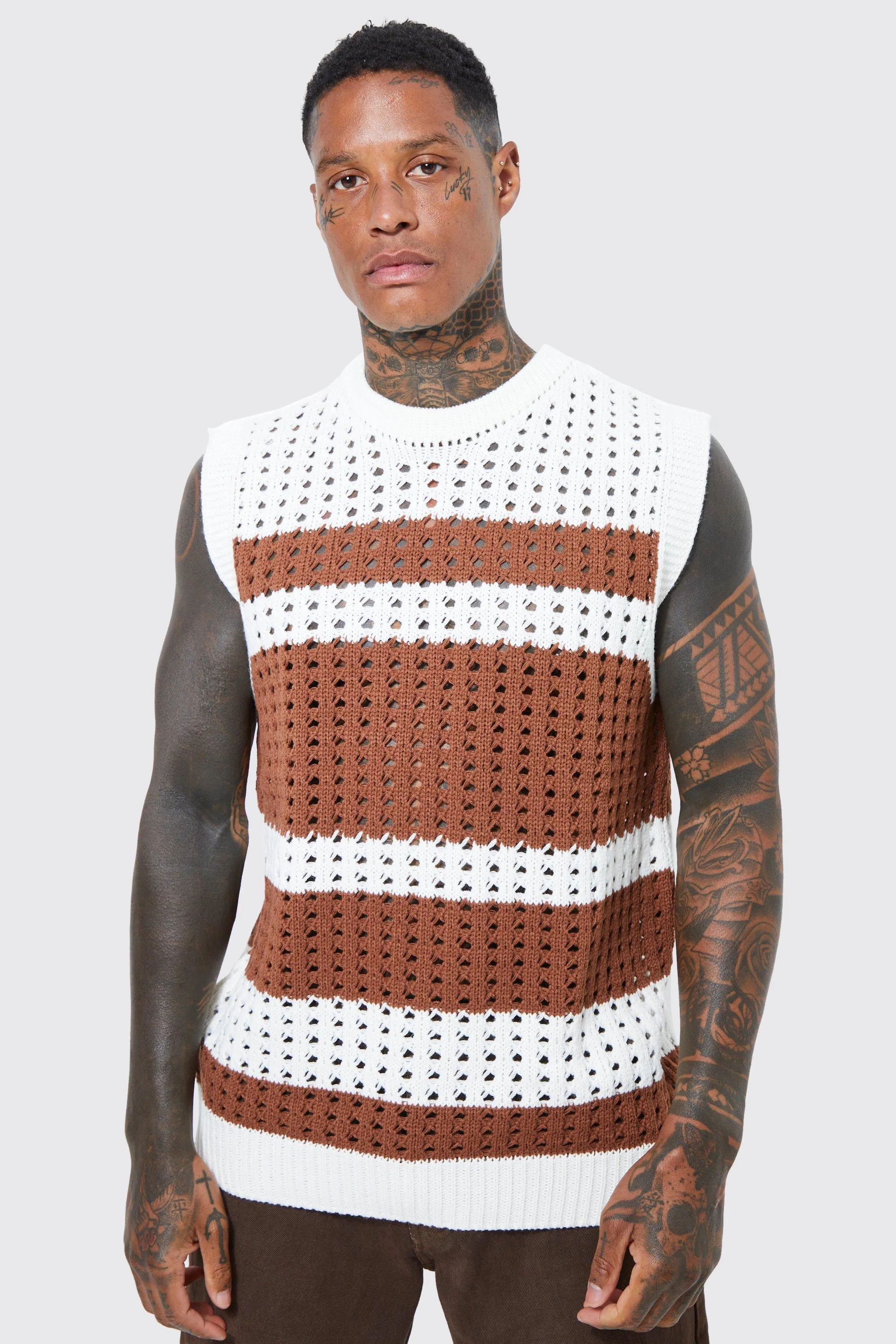 Open Stitch Stripe Crew Neck Vest