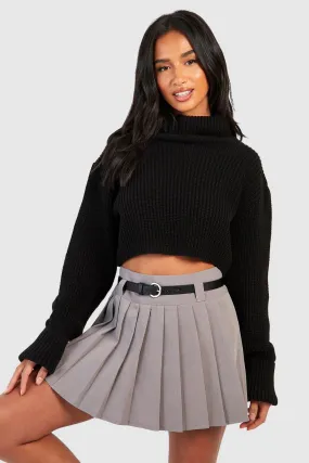 Petite Belt Detail Pleated Woven Mini Skirt