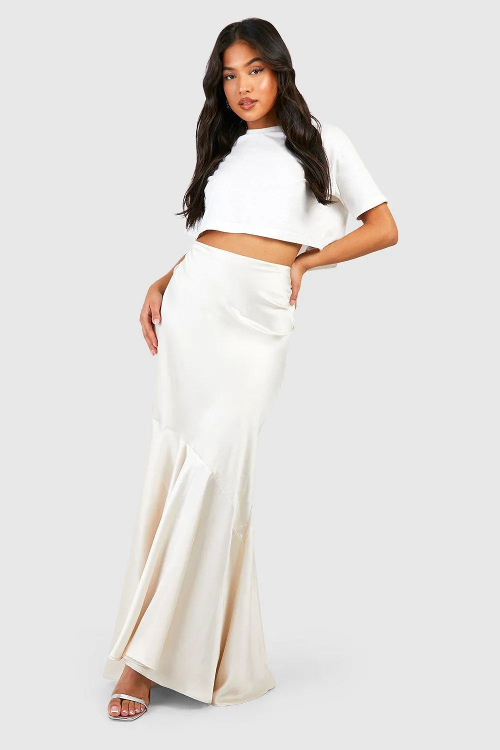 Petite Satin Asymmetric Seam Detail Maxi Skirt