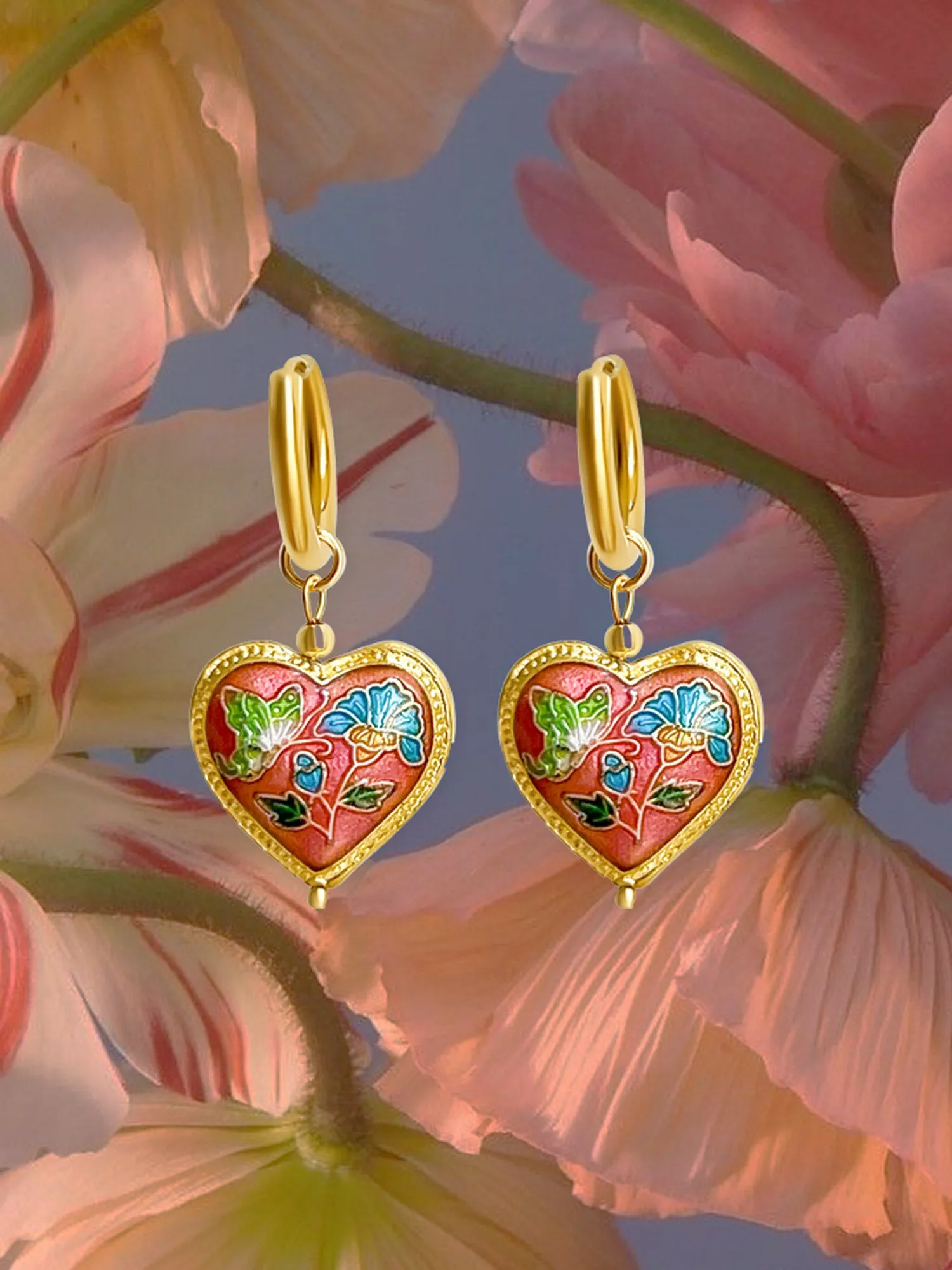 Pink Cloisonne Heart Hoops