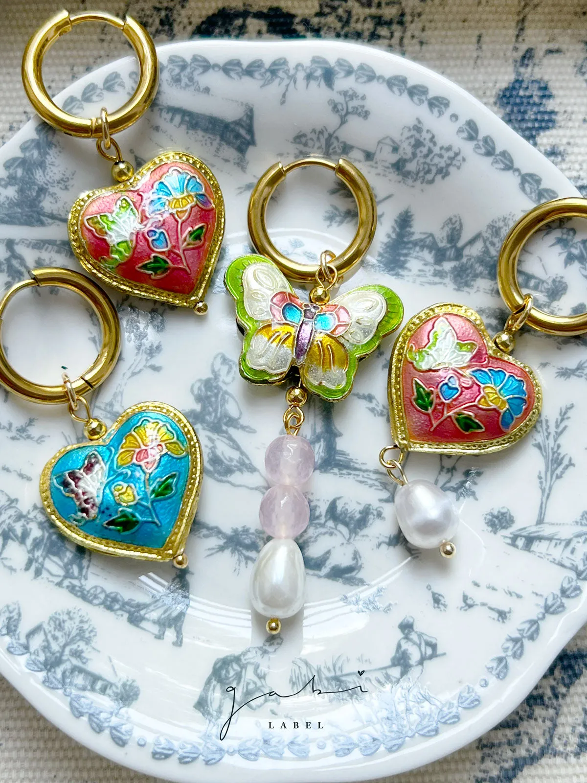 Pink Cloisonne Heart Hoops