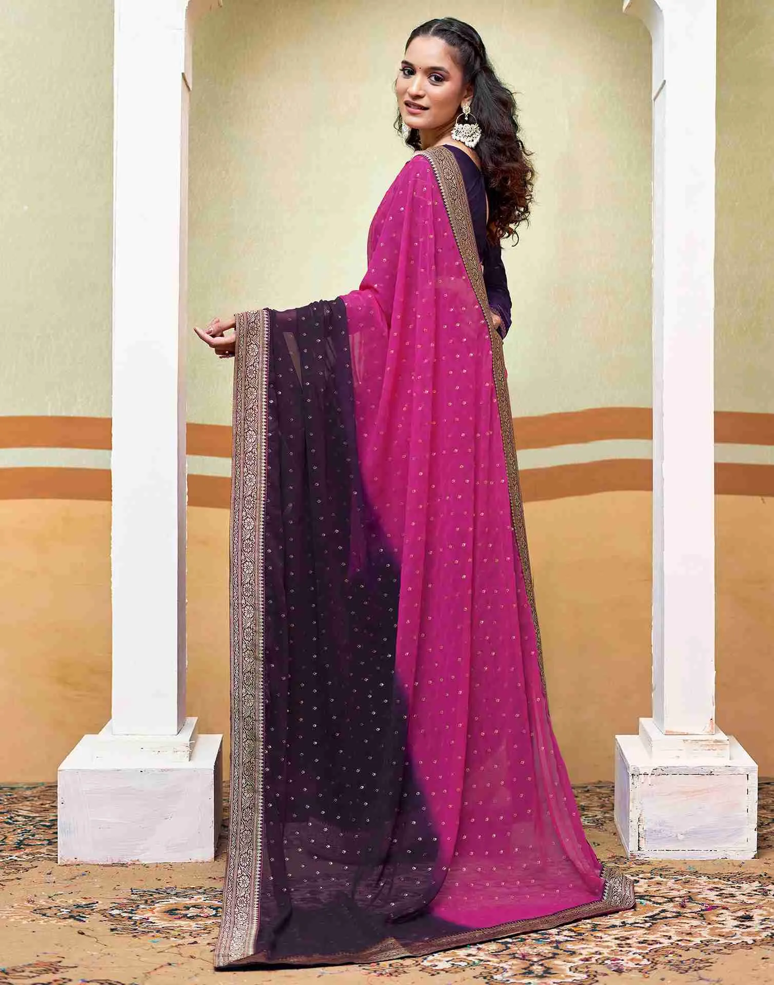 Pink Georgette Plain Saree