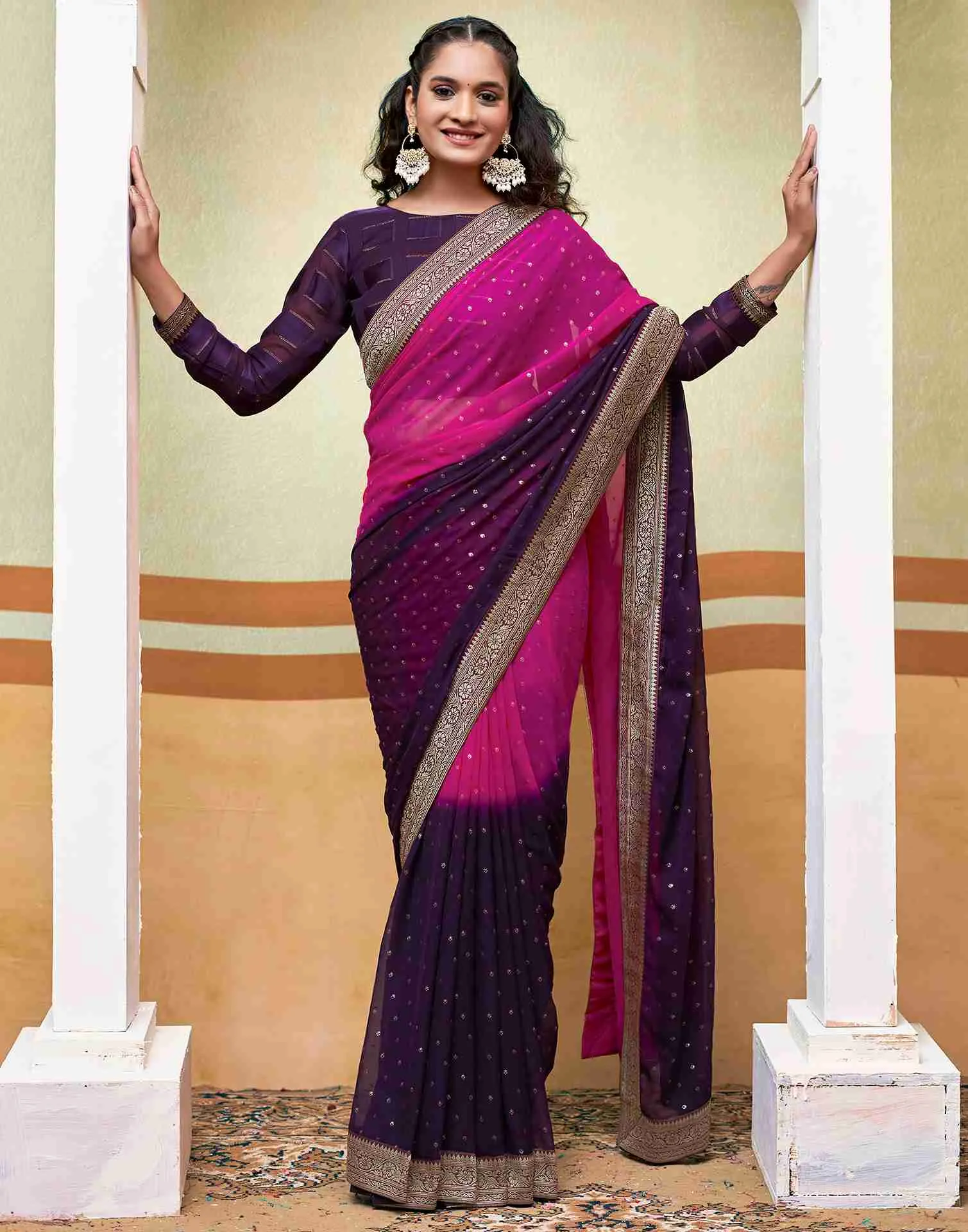 Pink Georgette Plain Saree