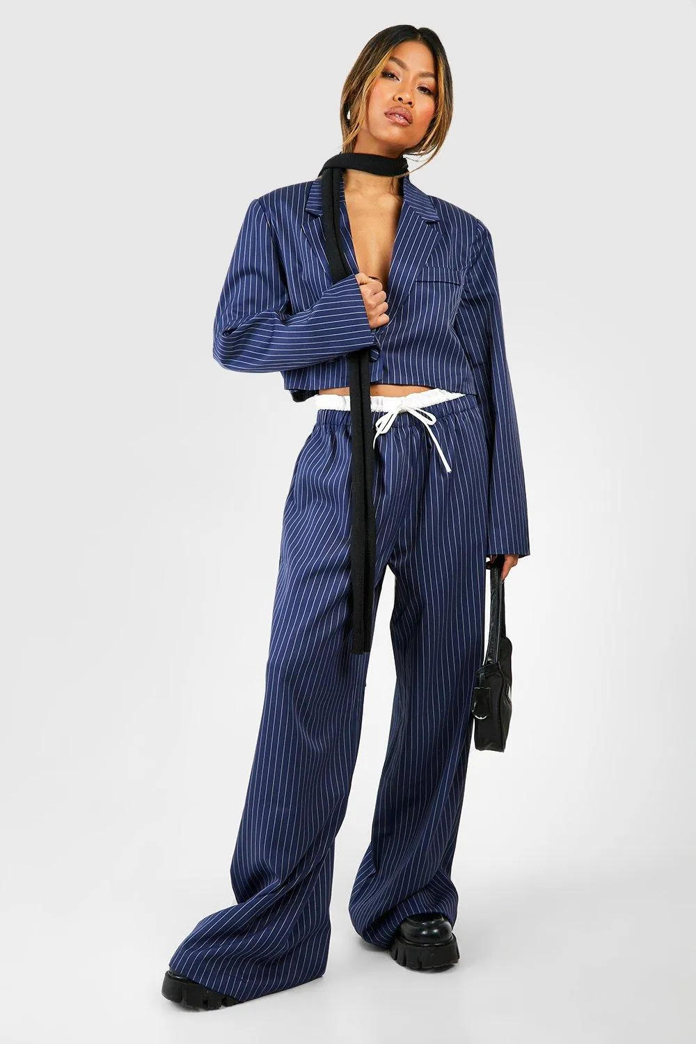 Pinstripe Boxer Waistband Drawstring Wide Leg Pants