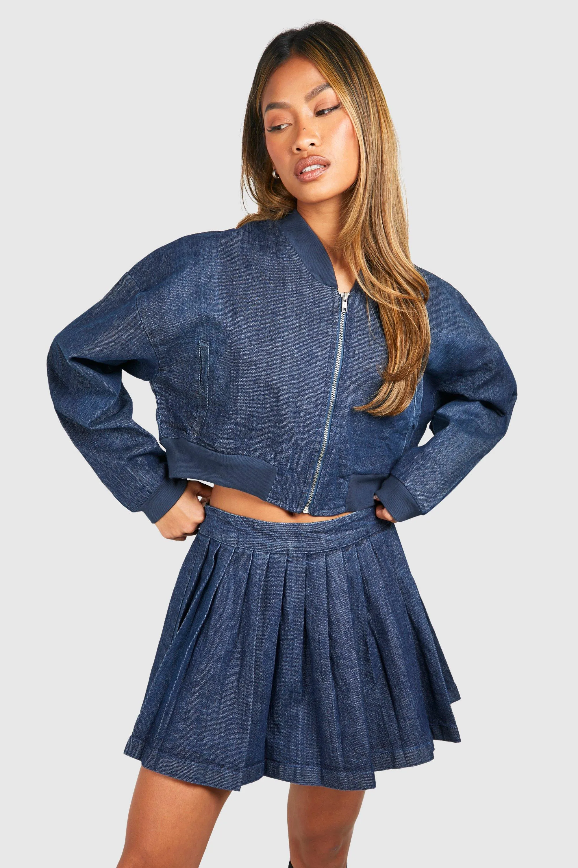 Pleated Denim Mini Tennis Skirt