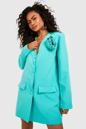 Plunge Front Corsage Detail Tailored Blazer Dress