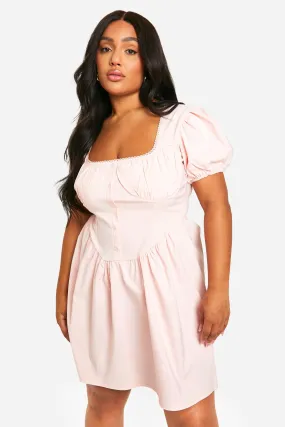 Plus Bengaline Puff Sleeve Milkmaid Skater Dress