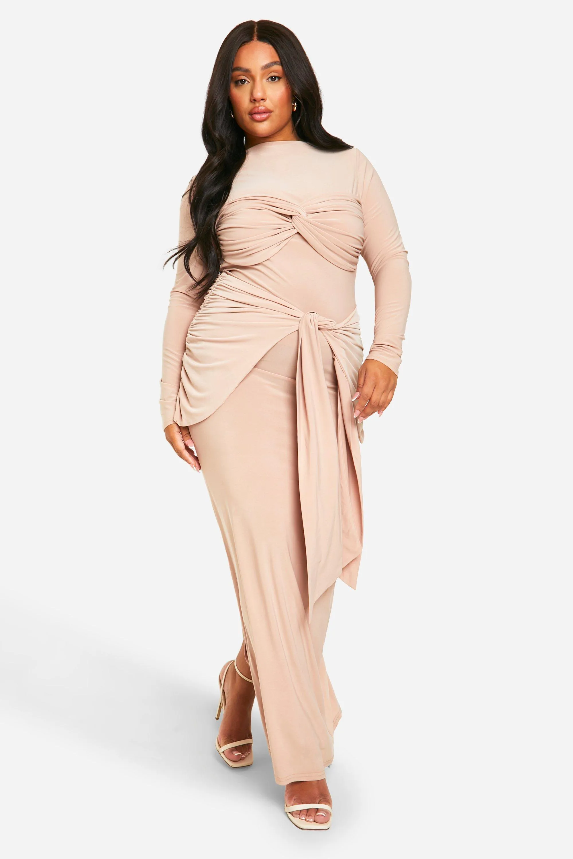 Plus Double Slinky Ruched Tie Maxi Dress