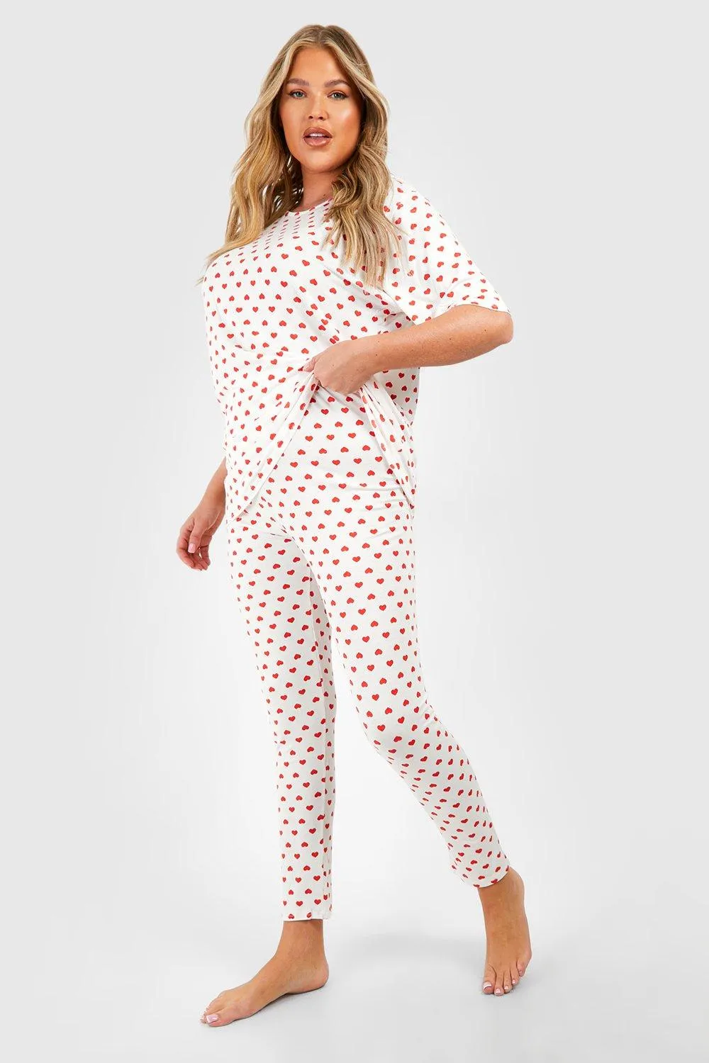 Plus Heart Print Jersey Knit Top & Pants Pj Set