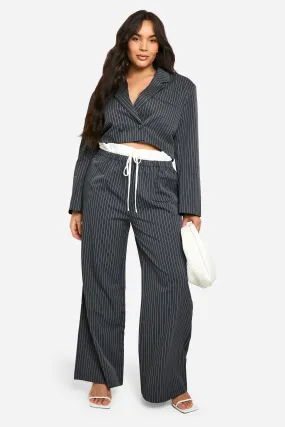 Plus Pinstripe Boxer Waistband Drawstring Wide Leg Pants