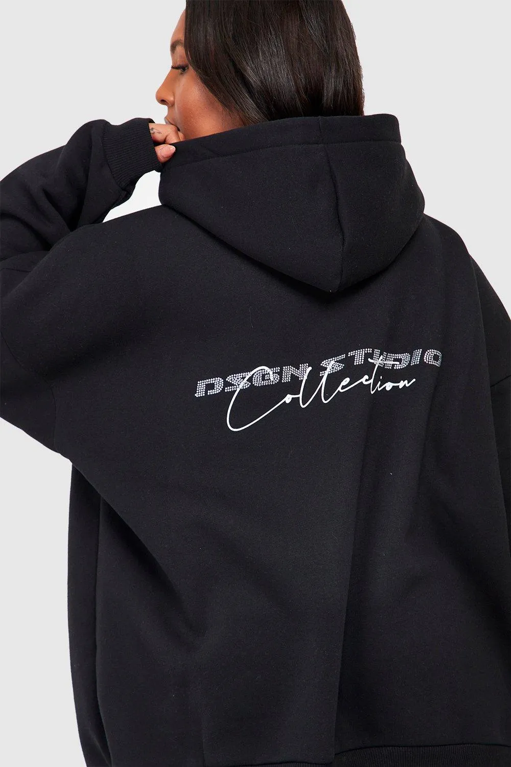 Plus Rhinestone Script Slogan Oversized Hoodie