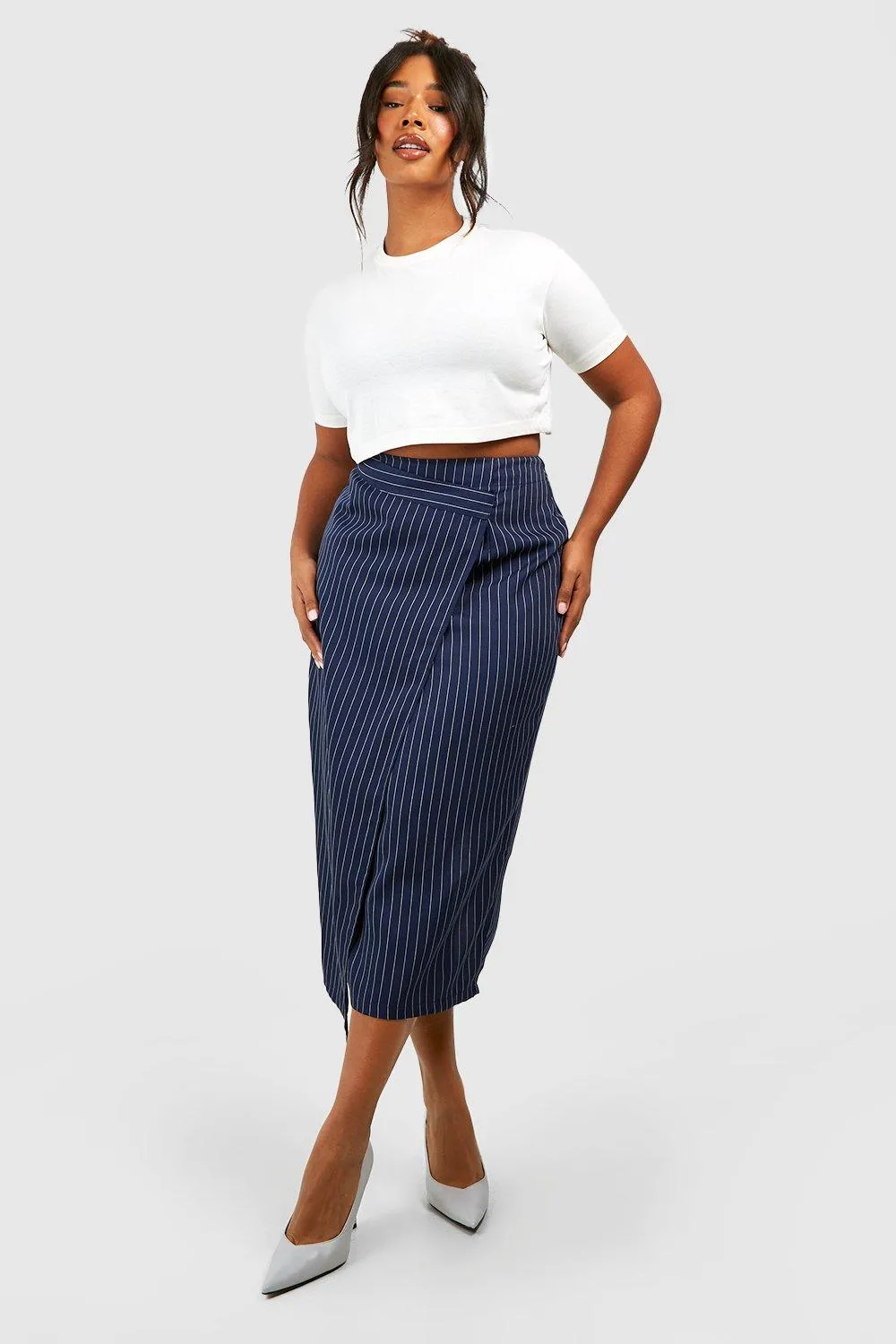 Plus Woven Pinstripe Wrap Midi Skirt