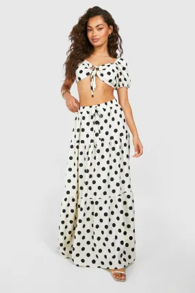 Polka Dot Textured Puff Sleeve Bralette & Tiered Maxi Skirt