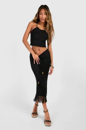 Premium Crochet Tassel Maxi Skirt And Halter Top Set