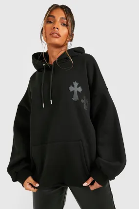 Pu Cross Applique Oversized Hoodie