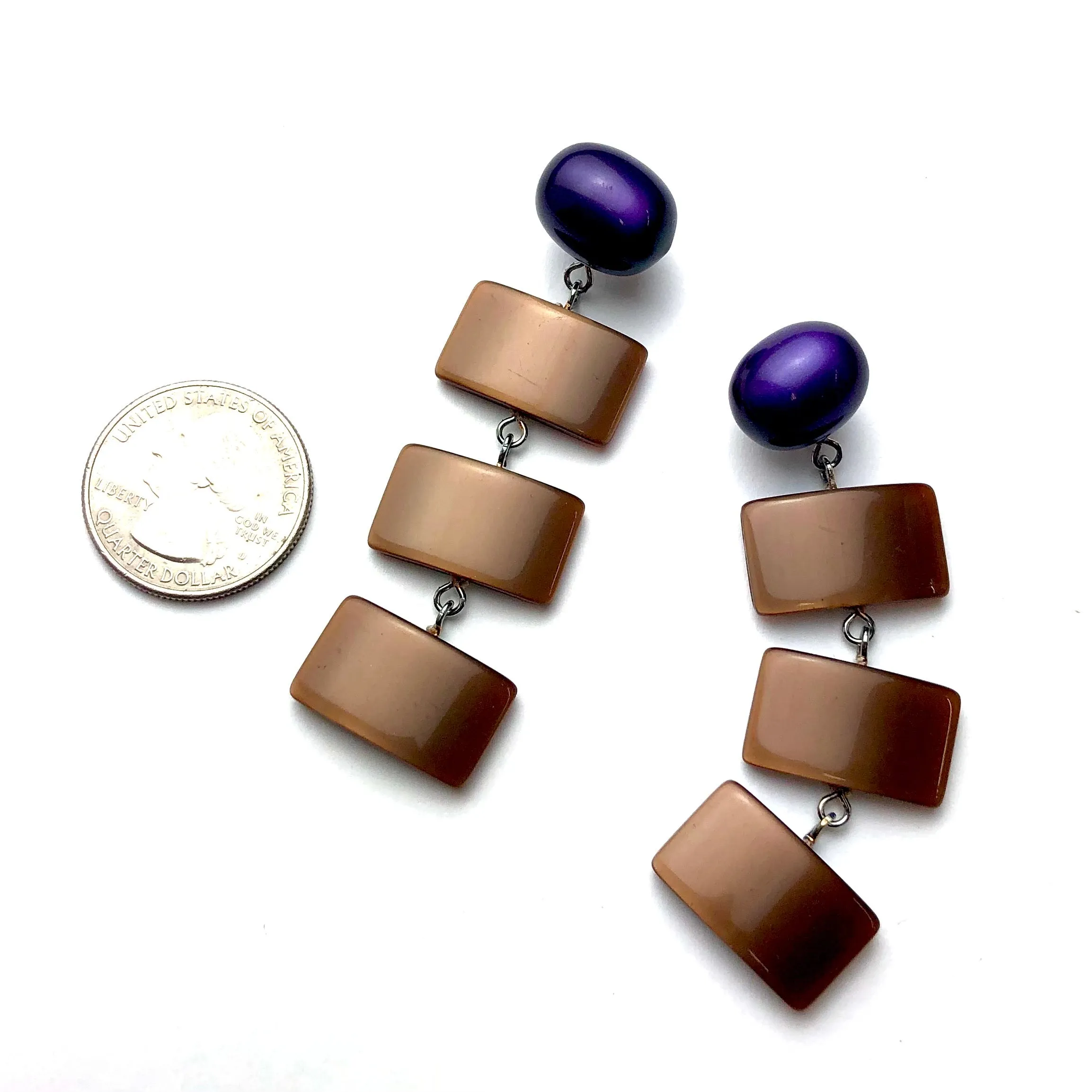 Purple & Chocolate Geometric Stack Moonglow Statement Earrings *