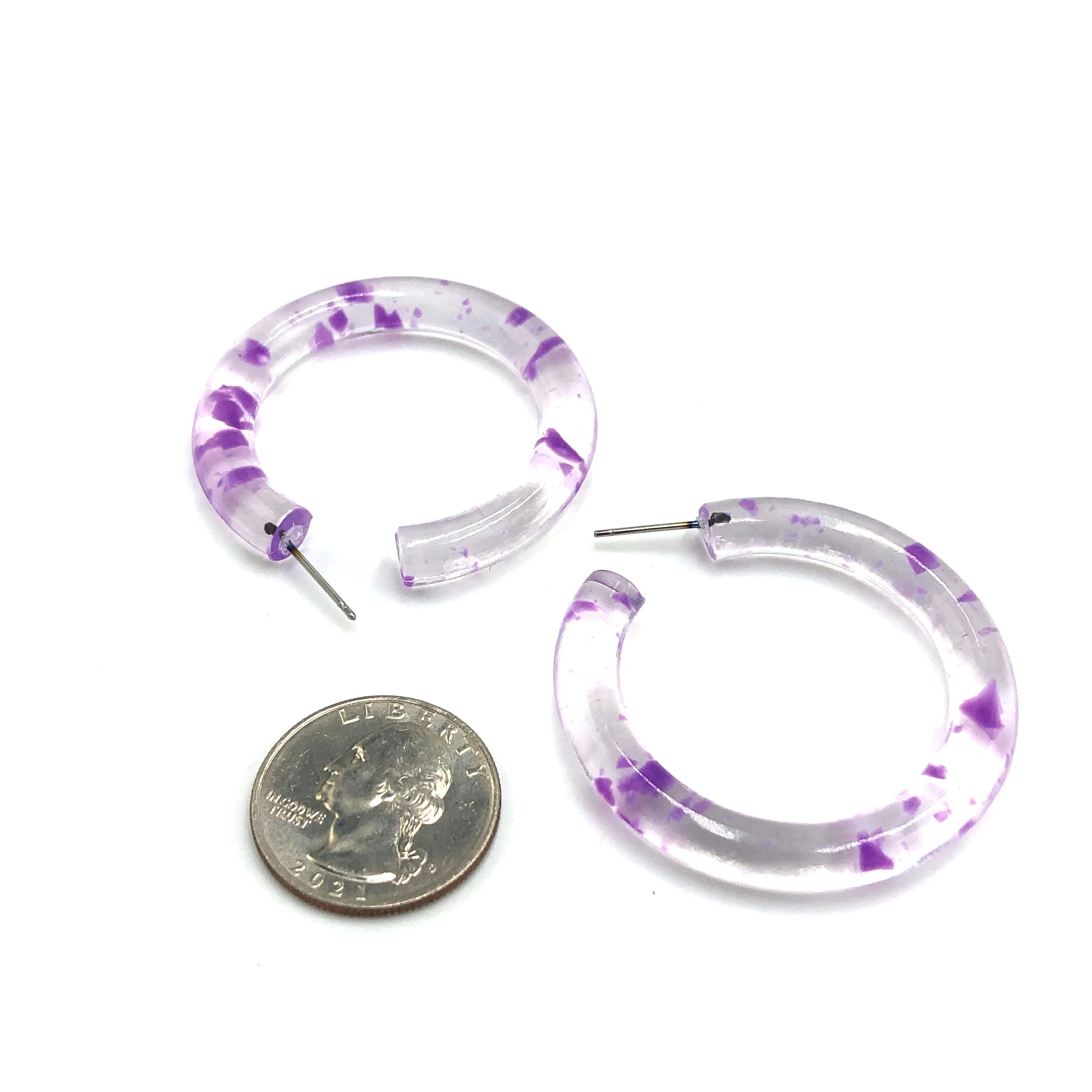 Purple & Clear Confetti Hoop Earrings - 1.75