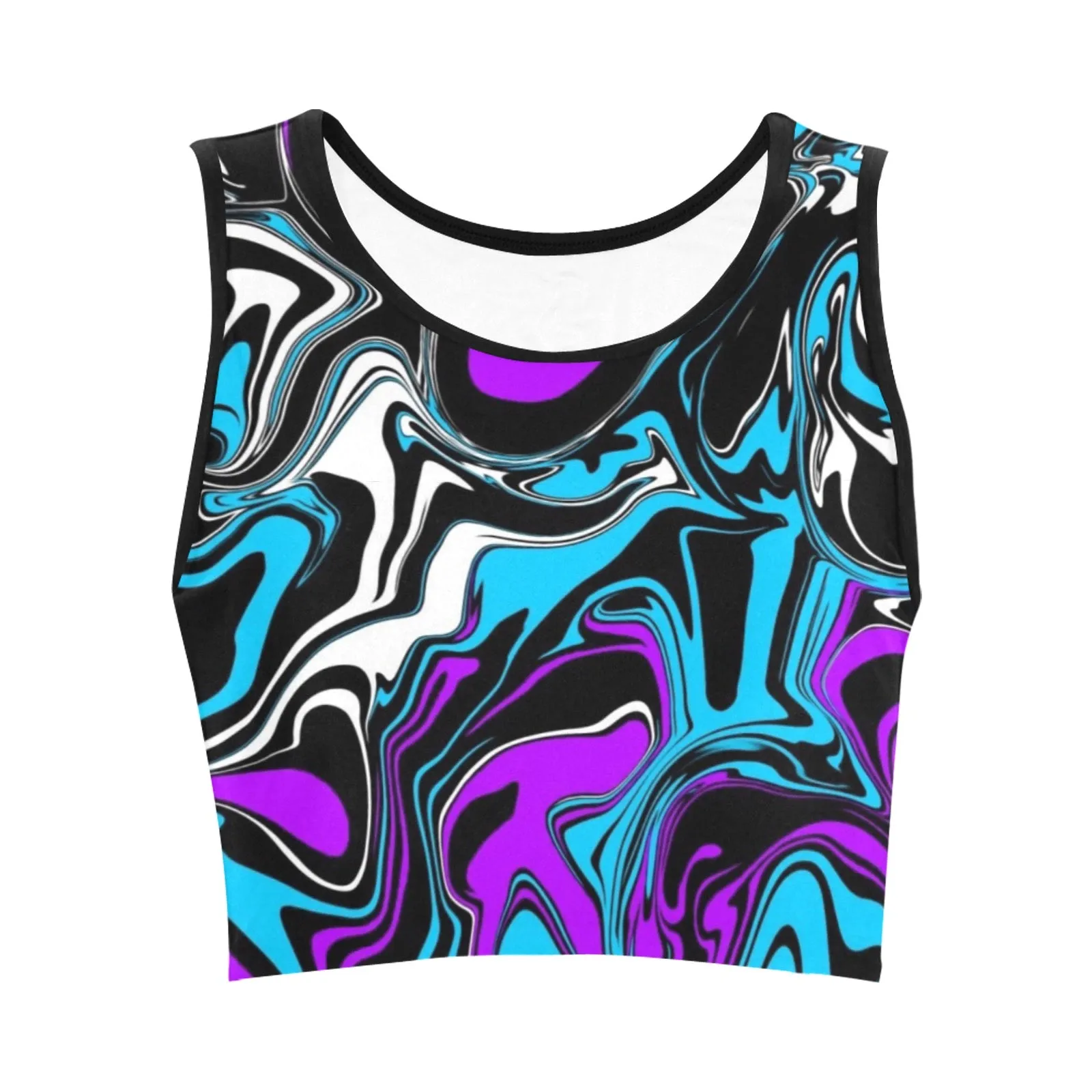 Purple Blue Black and White Abstract Melt Fitted Crop Top