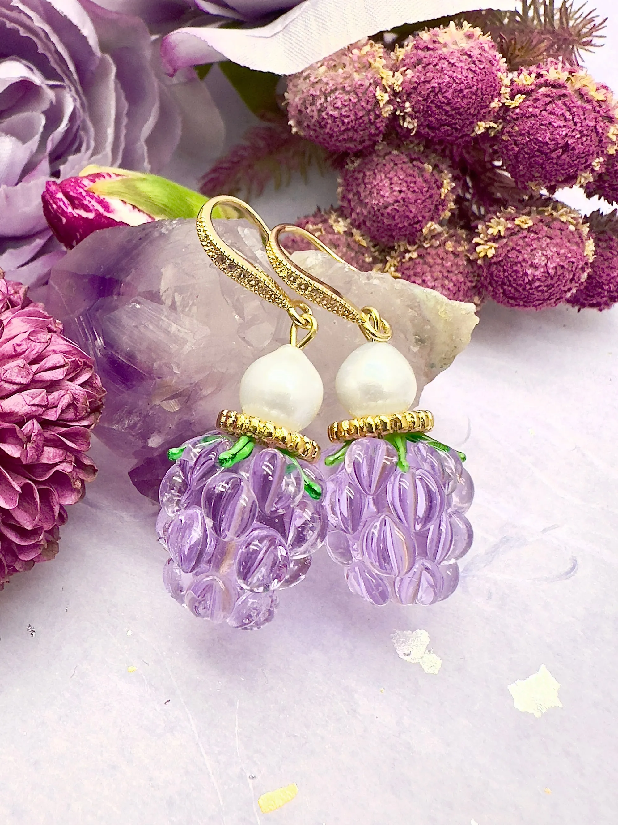 Purple Glass Raspberry with Freshwater Pearls Earrings LE015