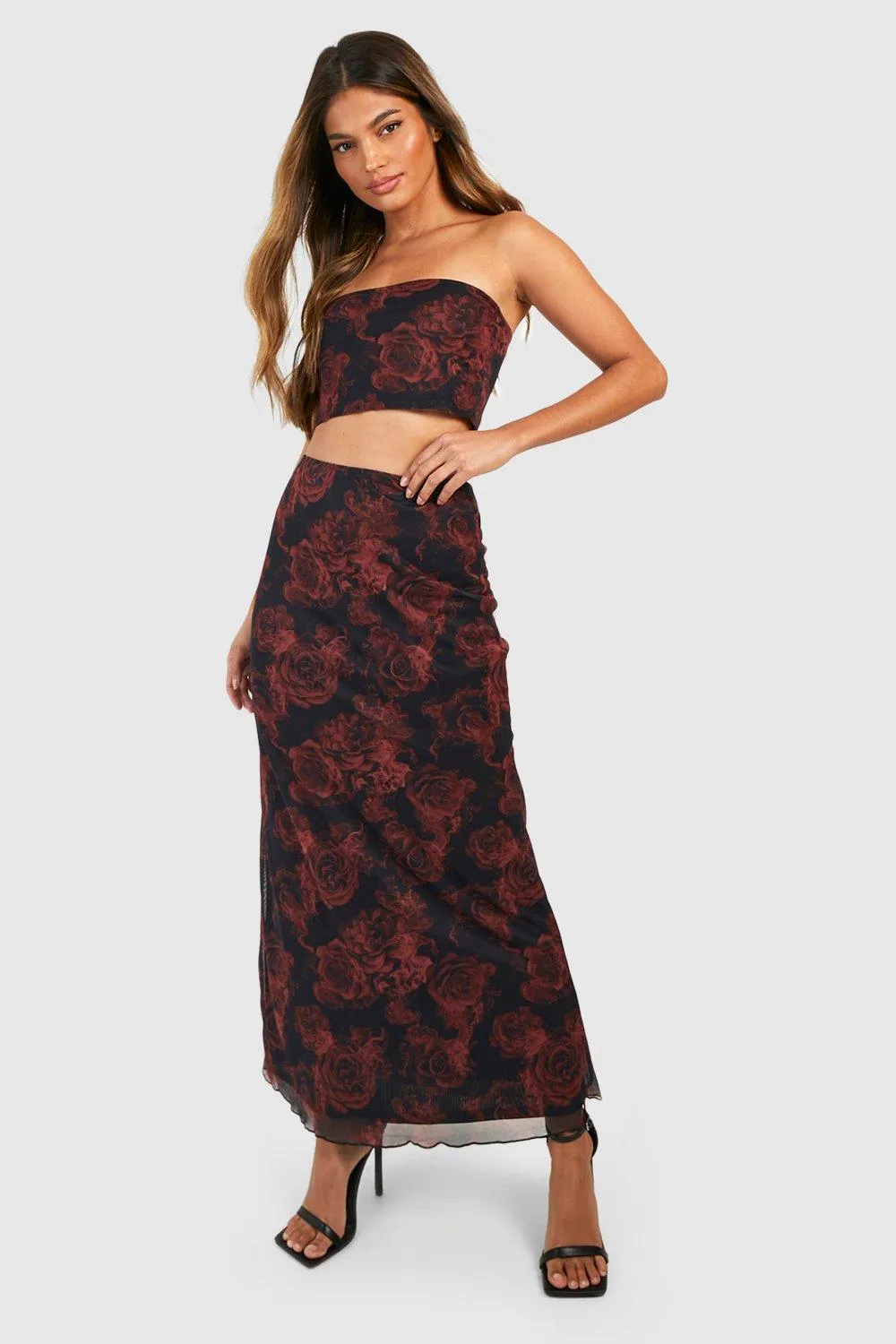 Rose Print Mesh Bandeau & Maxi Skirt