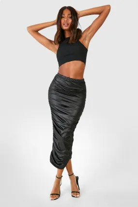 Ruched Faux Leather Midi Skirt