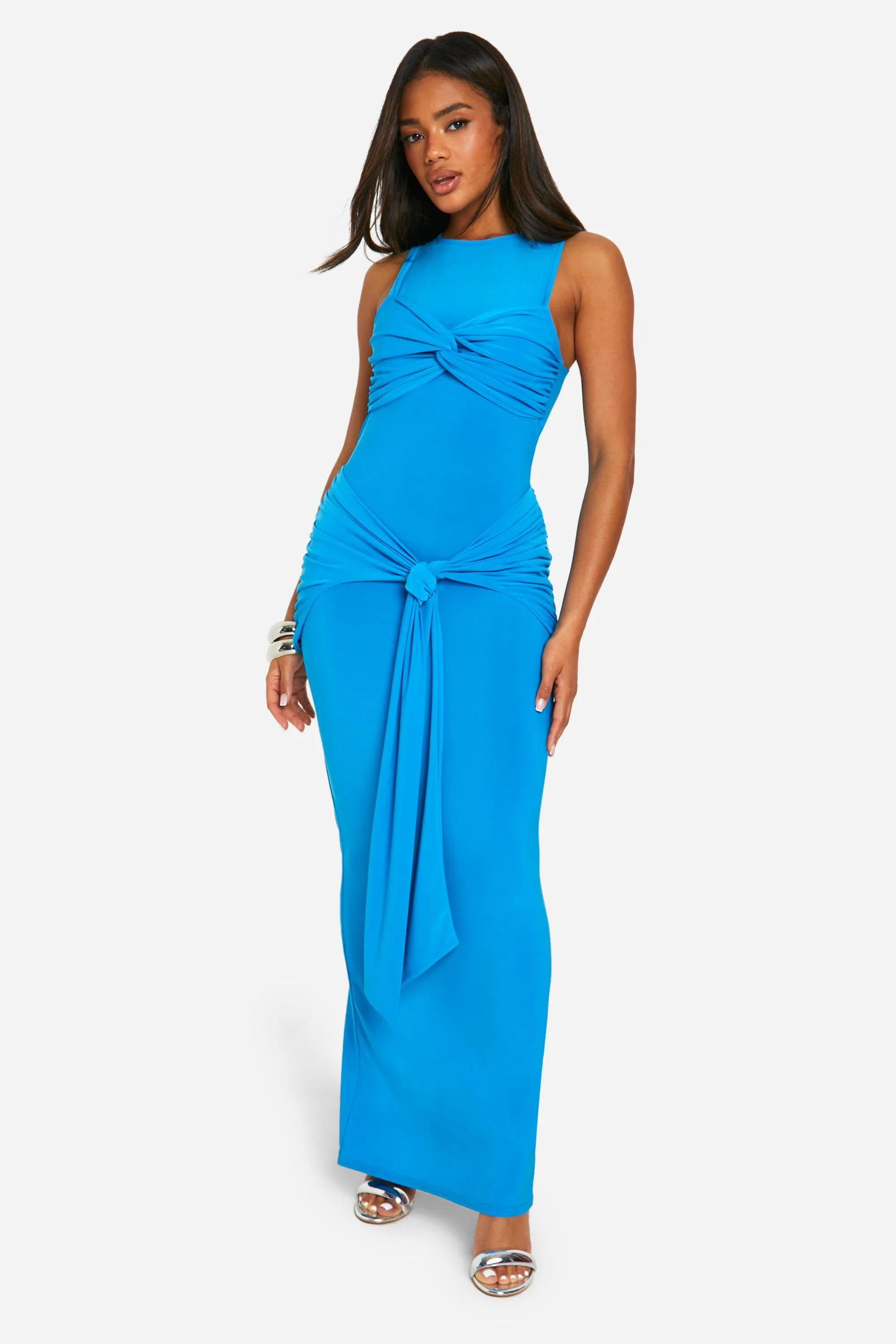 Ruched Twist Detail Racer Neck Maxi Dress