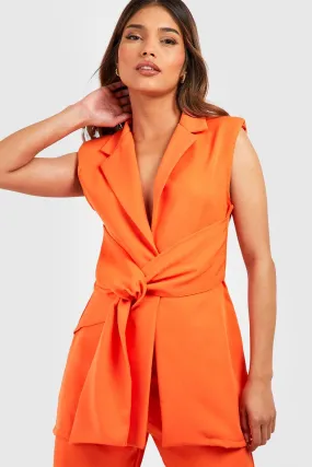 Sleeveless Belted Plunge Front Tailored Blazer