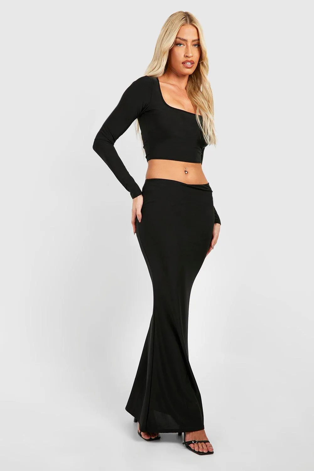 Square Neck Long Sleeve Top & Mid Rise Maxi Skirt Set