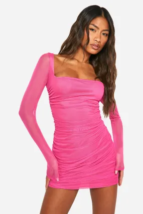 Square Neck Ruched Mesh Bodycon Dress