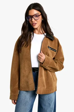 Suede Look Contrast Collar Barn Jacket