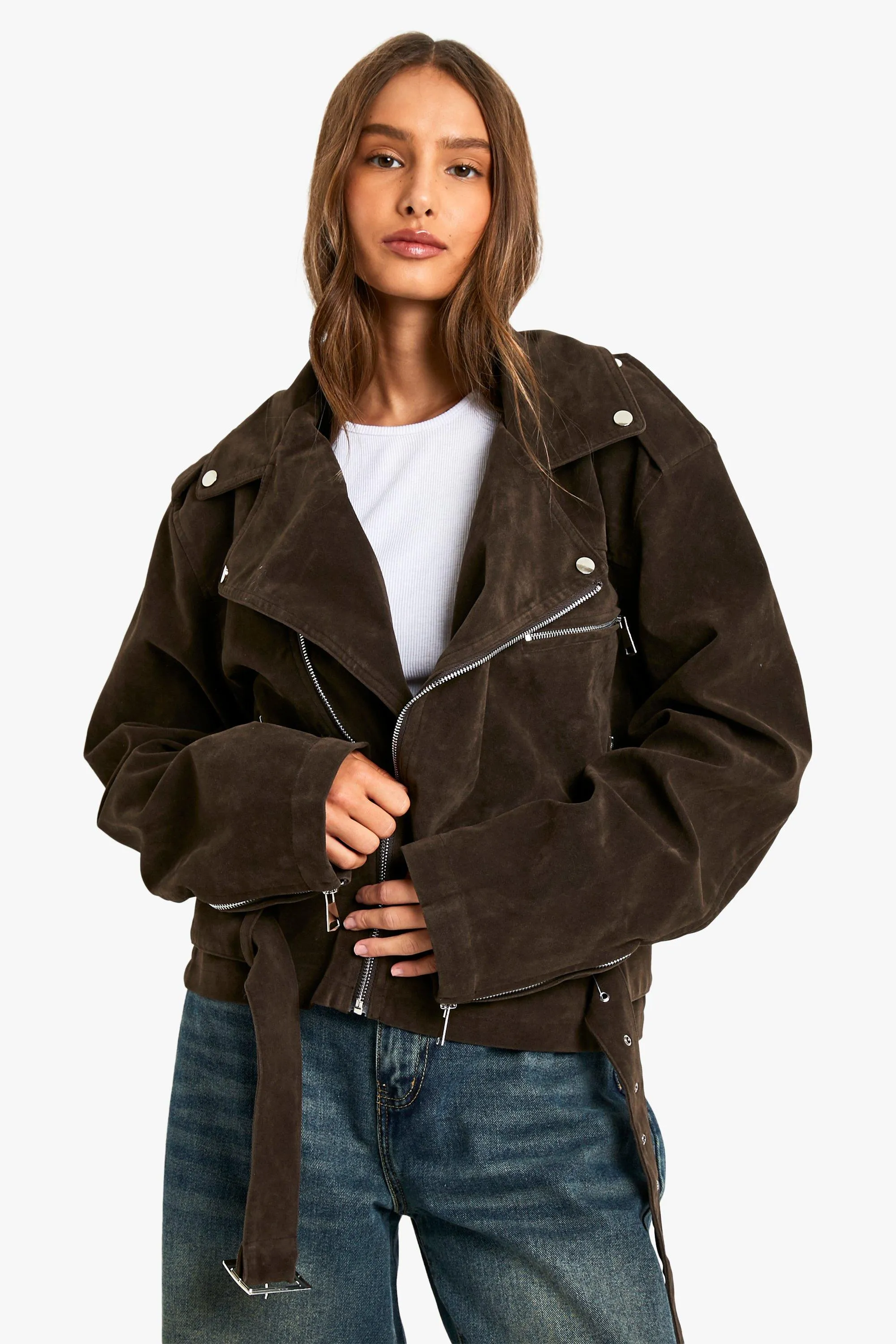 Suede Look Oversized Moto Jacket