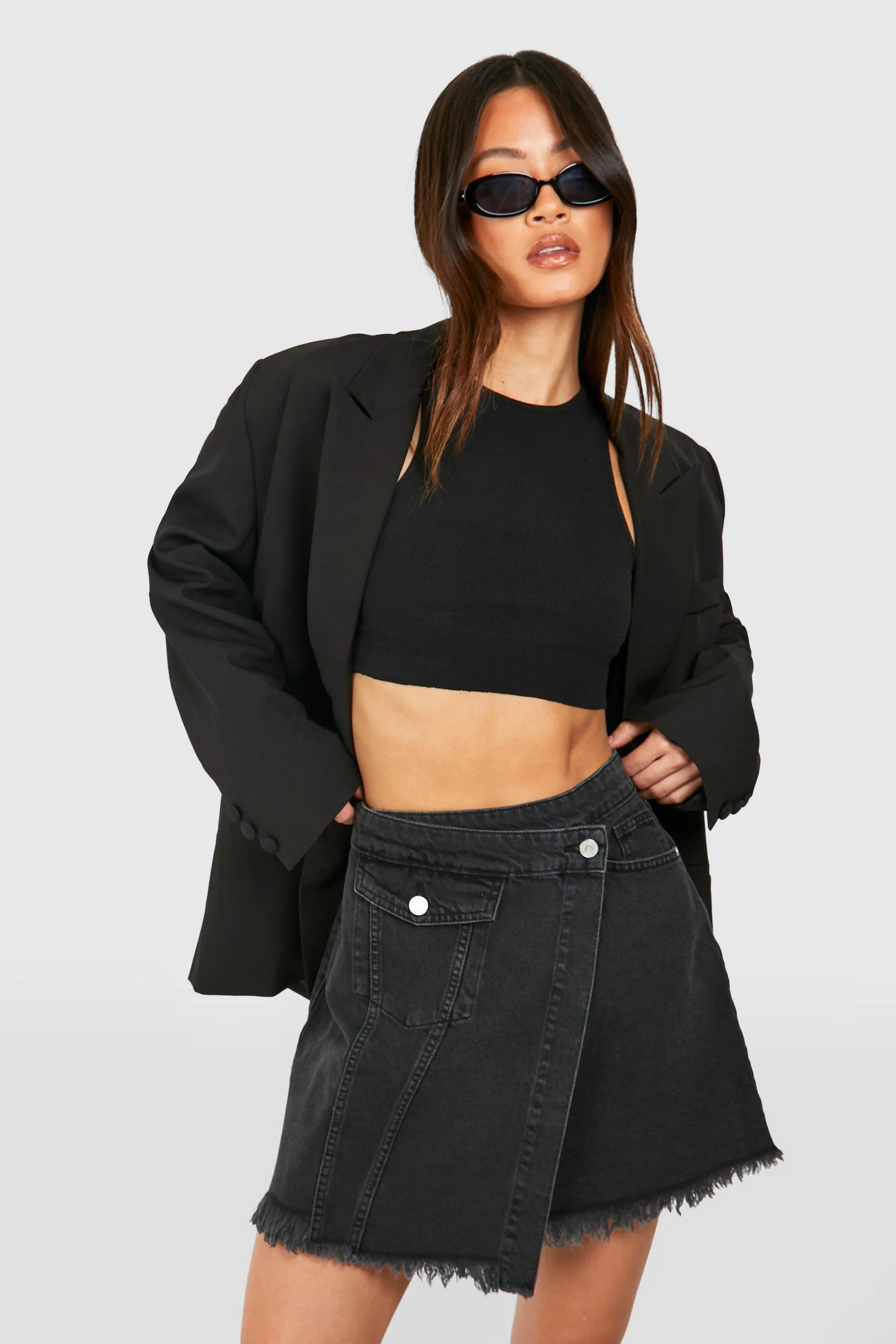 Tall Black Wash Pokcet Detail Wrap Denim Skirt