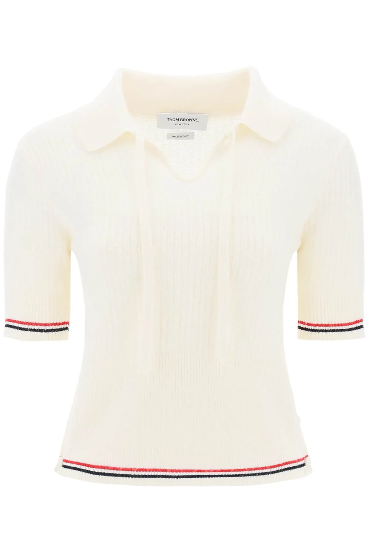 THOM BROWNE Merino Wool Polo Shirt with Signature Stripe