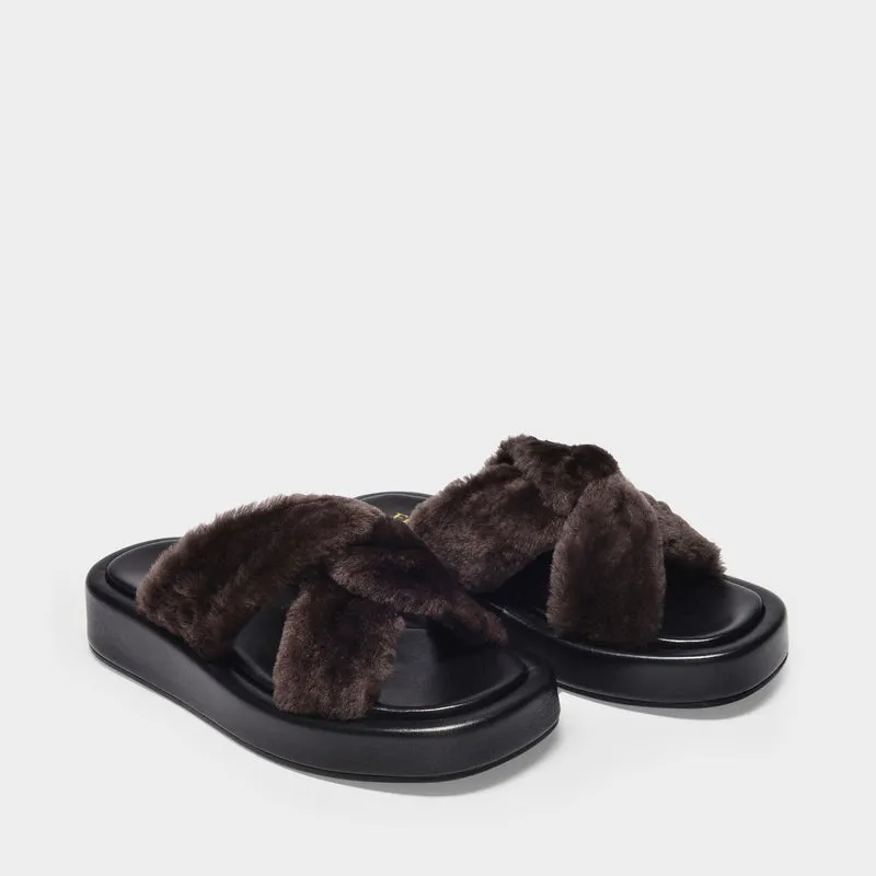 Tresse Shearling Platform Sandals in Brown Leather