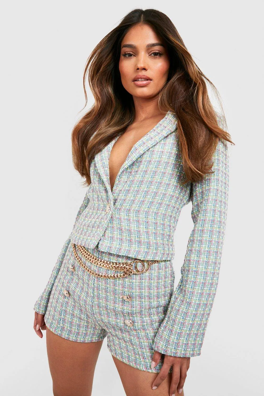 Tweed Flannel Cropped Tailored Blazer