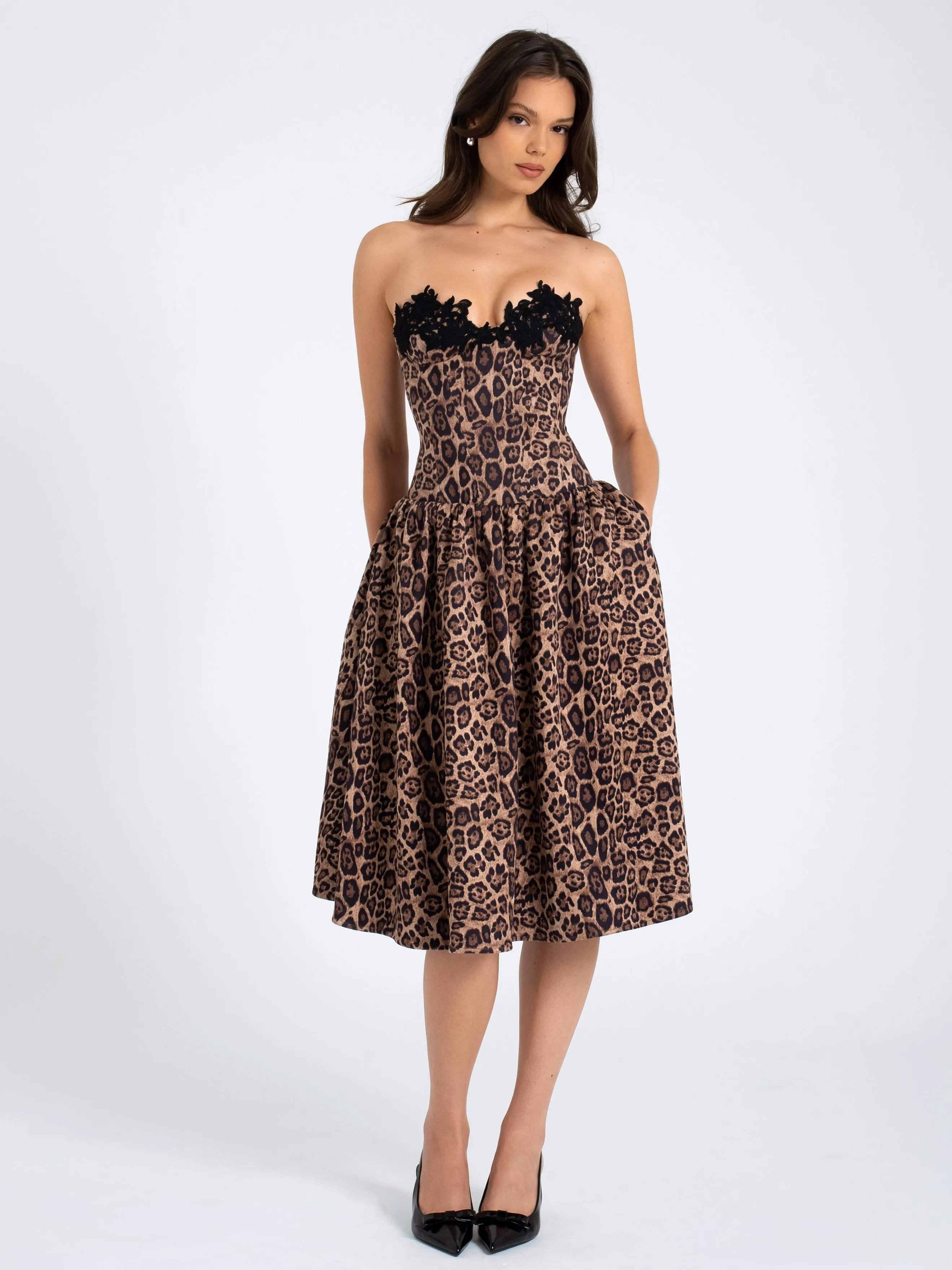 Uchenna Cheetah Print Stretchy Strapless Midi Dress with lace trim