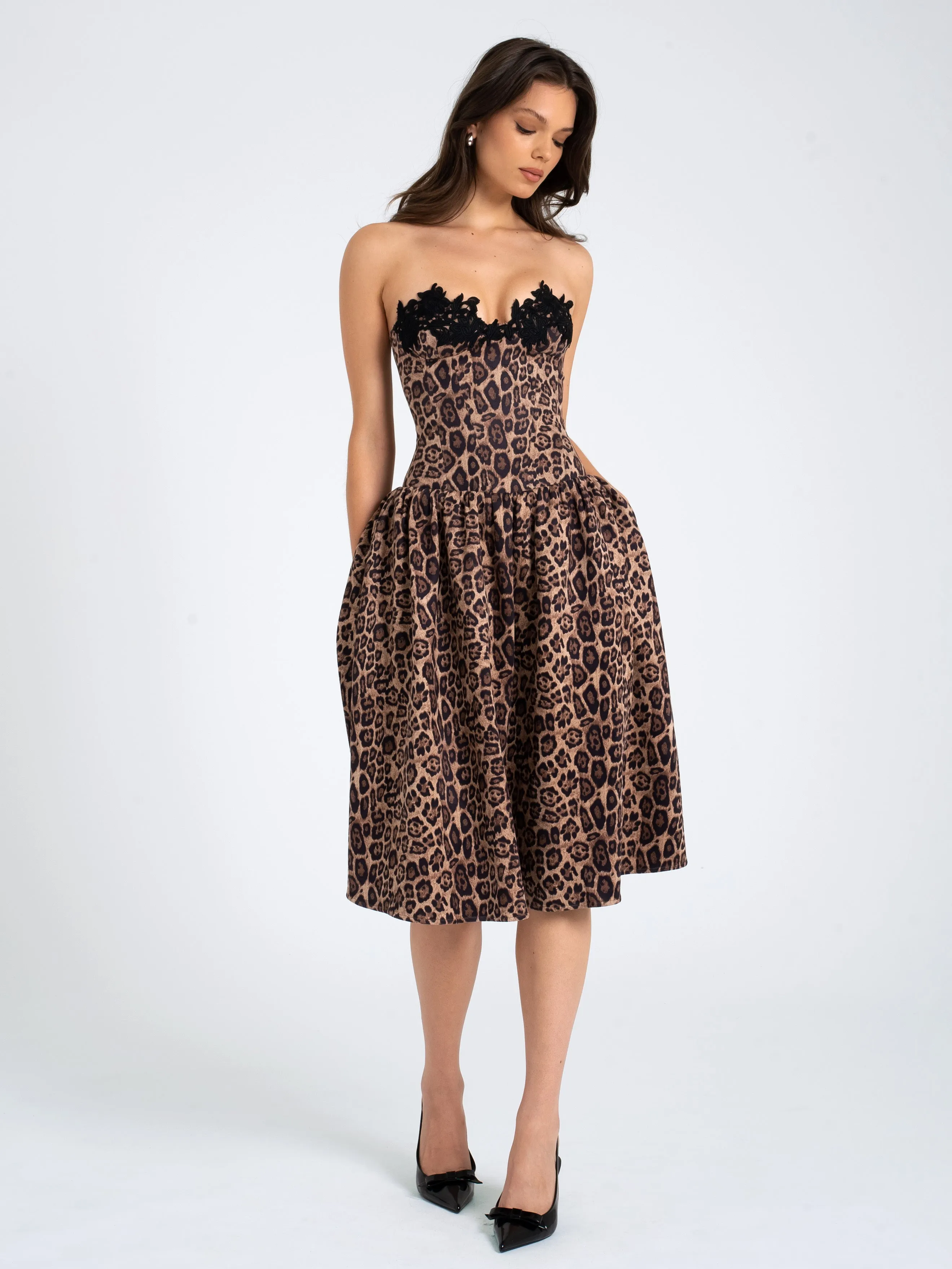 Uchenna Cheetah Print Stretchy Strapless Midi Dress with lace trim