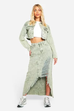 Washed Khaki Acid Wash Distressed Denim Maxi Skirt