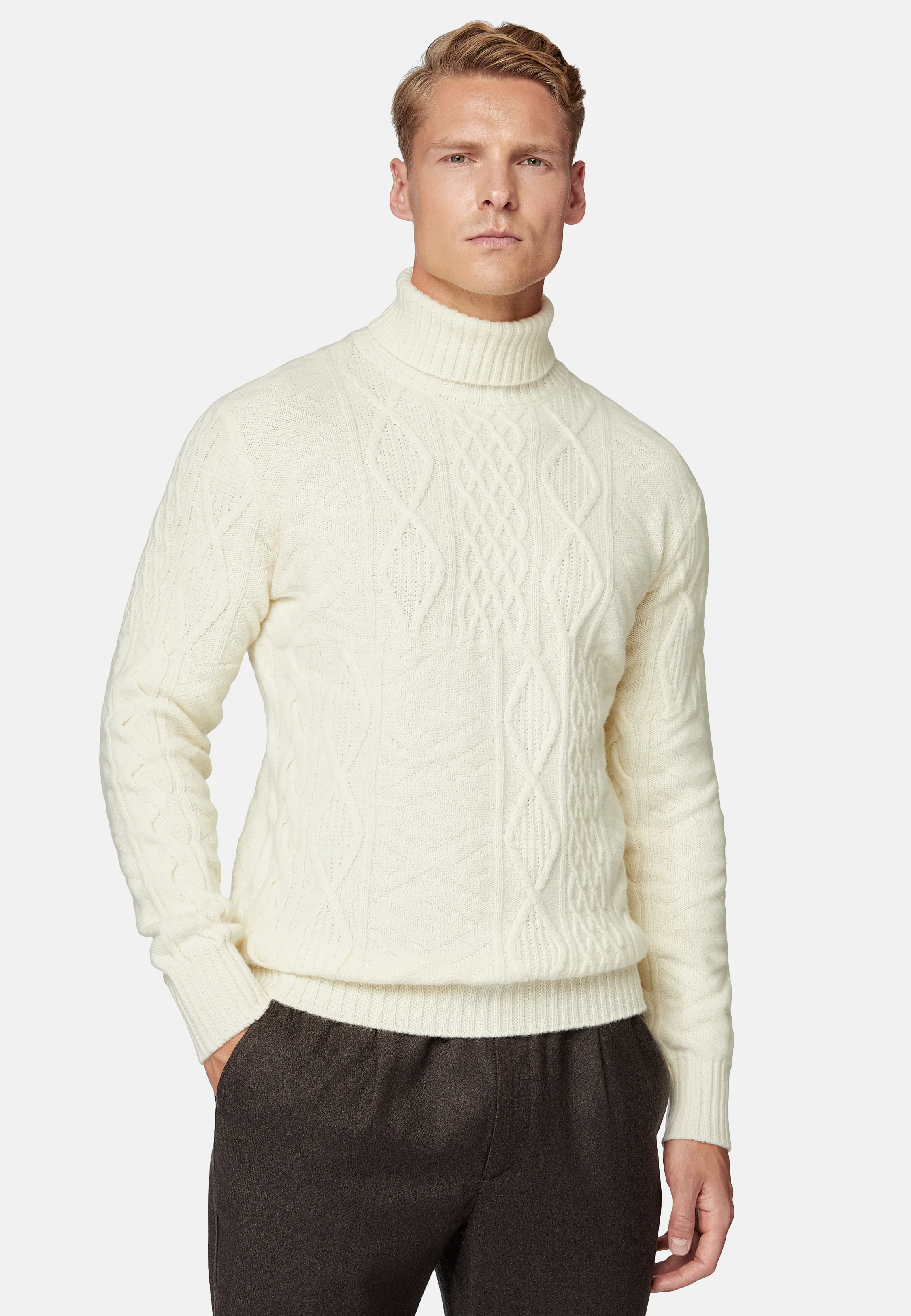 White Mixed Knit Polo Neck Jumper In Merino Wool