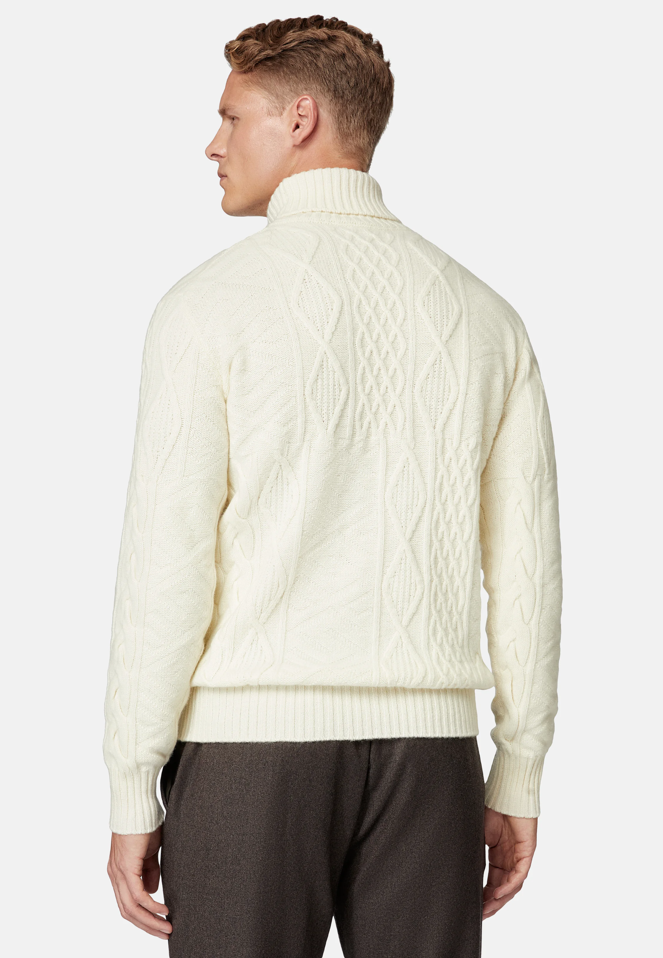 White Mixed Knit Polo Neck Jumper In Merino Wool