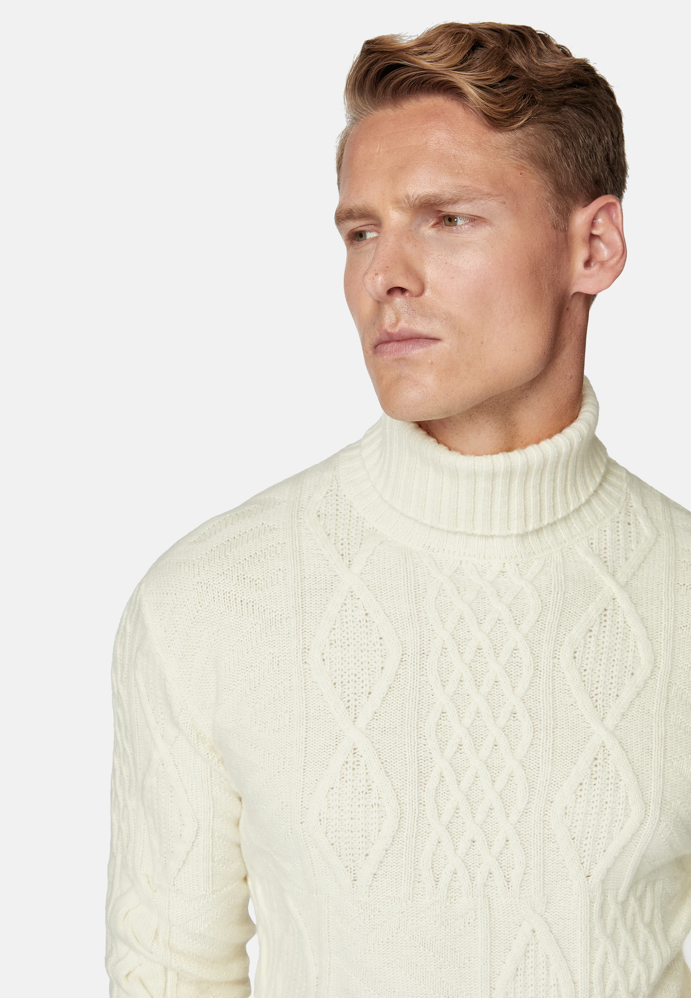 White Mixed Knit Polo Neck Jumper In Merino Wool