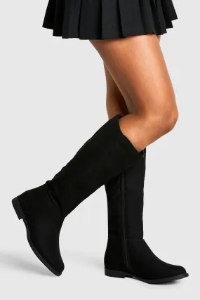 Wide Fit Faux Suede Knee High Flat Boots