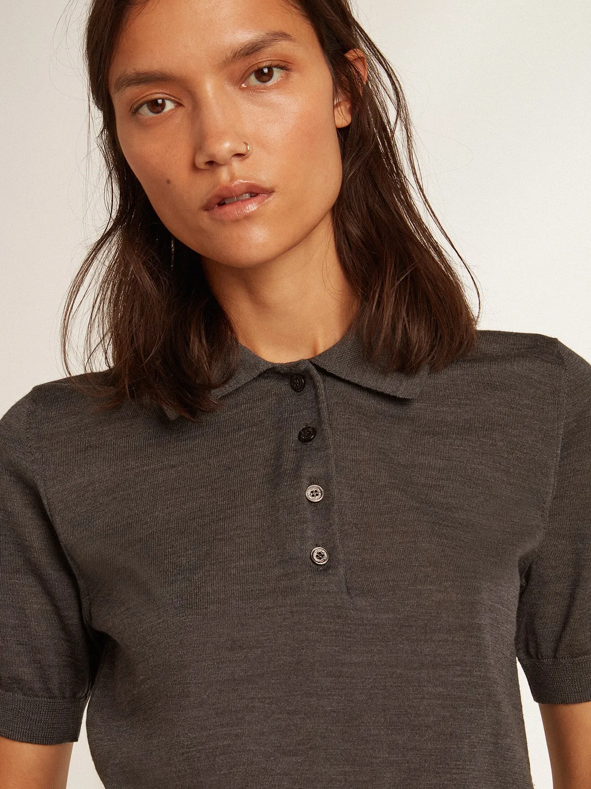 Women’s polo shirt in anthracite merino wool